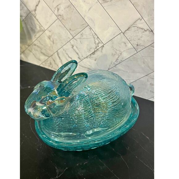 Teal Iridescent Glass Bunny Covered Dish – Hen on Nest Style - Picture 3 of 6